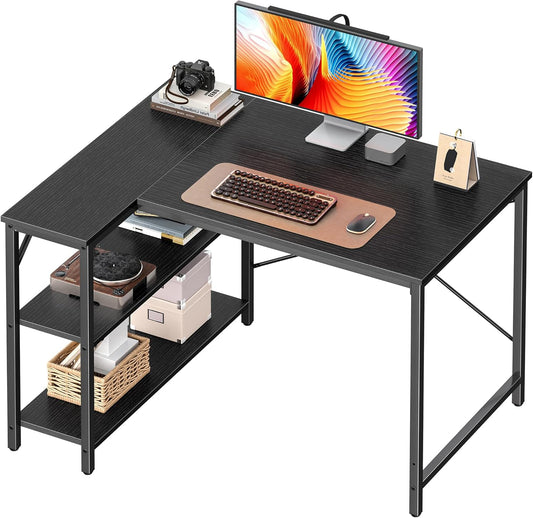 L Shaped Desk, 39 Inches Computer Desk with Reversible Storage Shelves, Gaming Desk, for Corner Home Office Writing Study, Metal Frame, Black