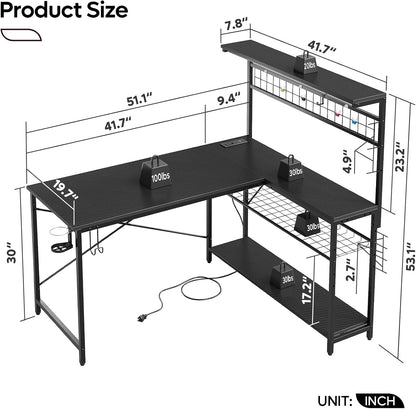 Gaming Desk 51" L-Shaped, with Power Outlets & LED Lights- 4 Tier Shelves, Reversible Gamer Table with Hooks & Cup Holder for Home Office Carbon Fiber Black