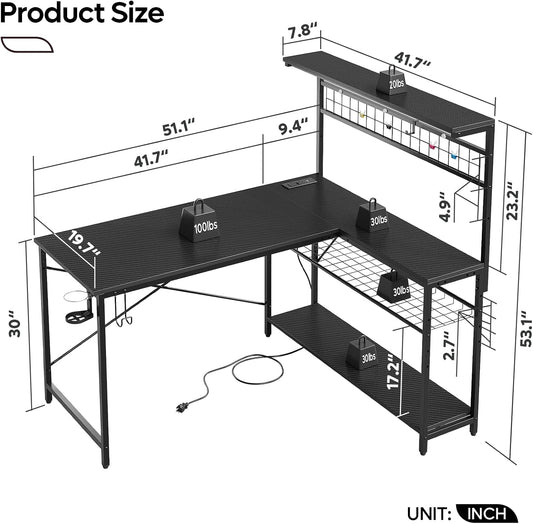 Gaming Desk 51" L-Shaped, with Power Outlets & LED Lights- 4 Tier Shelves, Reversible Gamer Table with Hooks & Cup Holder for Home Office Carbon Fiber Black