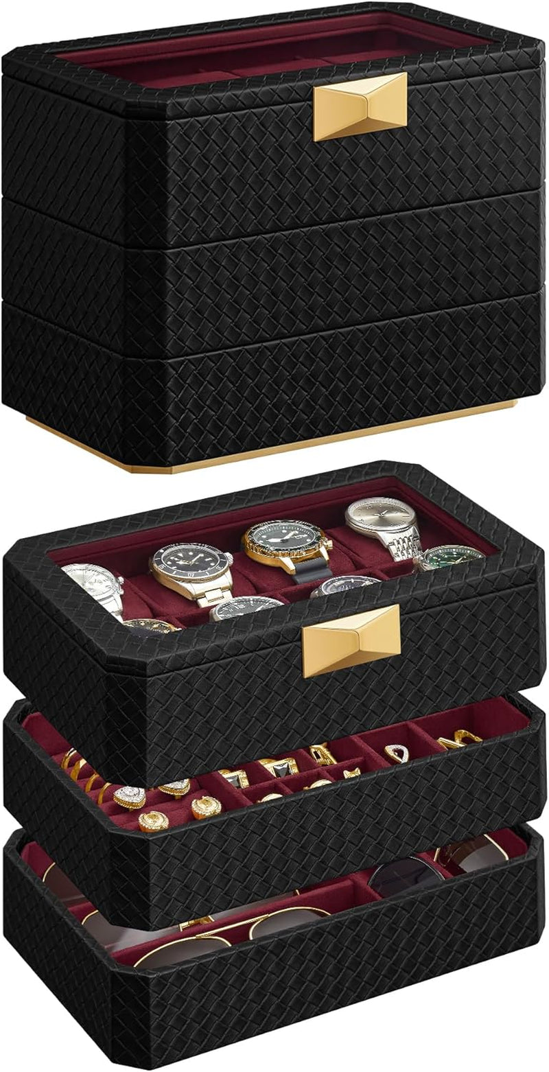 HOME RONNE Collection - 3-Tier Watch Box, Stackable 8-Slot Watch Case, Woven Embossed PU Leather, Floating Effect, Gift Idea, Ink Black Surface, Ink Black Lining UJWB021B01