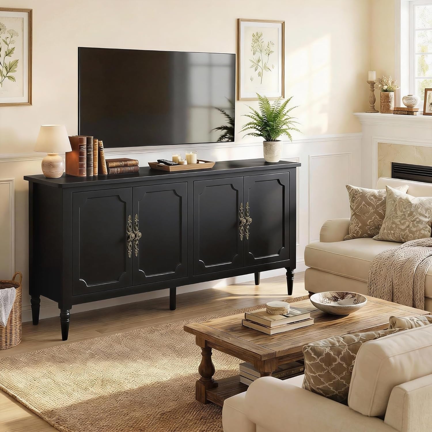 59'' Sideboard Buffet Cabinet with Storage, Modern Buffet Cabinet with Adjustable Shelves & Carved Handle, Mid Century Large Credenza Coffee Bar for Dining Room, Living Room (Satin Black)