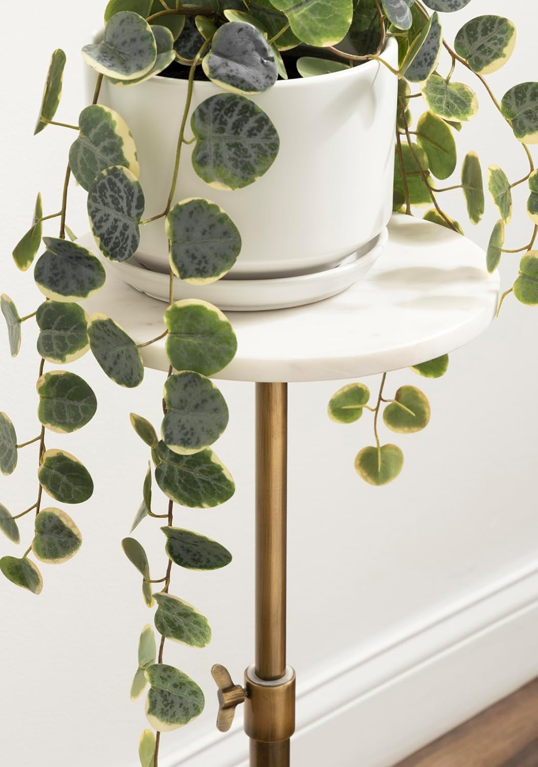 Engles Traditional Adjustable-Height Pedestal Drink Table, 10 X 10 X 30, White Marble and Antique Brass, Vintage round Indoor Metal Plant Stand with Authentic Marble Tabletop