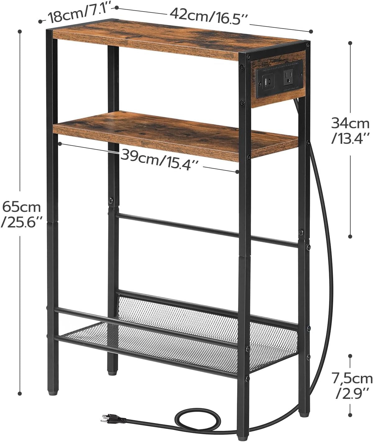Small Narrow Side Table with Charging Station, Skinny End Table for Small Spaces, Slim Nightstand with USB Ports Outlet, Sofa beside Table with Storage Shelf, Rustic Brown and Black BF102UBZ01