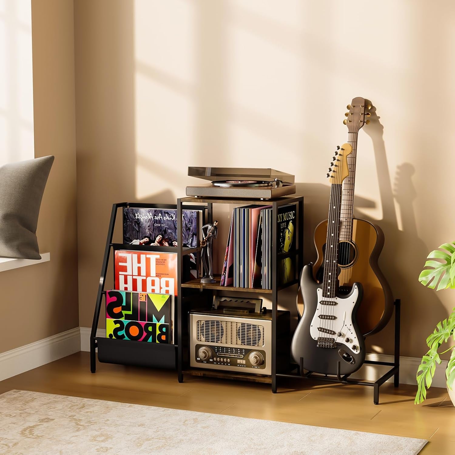 Record Player Stand with Guitar Rack, for Acoustic, Electric & Bass Guitars, 3 Tier Vinyl Record Storage up to 200 Albums, Record Shelf for Living Room and Bedroom
