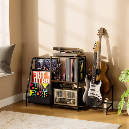Record Player Stand with Guitar Rack, for Acoustic, Electric & Bass Guitars, 3 Tier Vinyl Record Storage up to 200 Albums, Record Shelf for Living Room and Bedroom