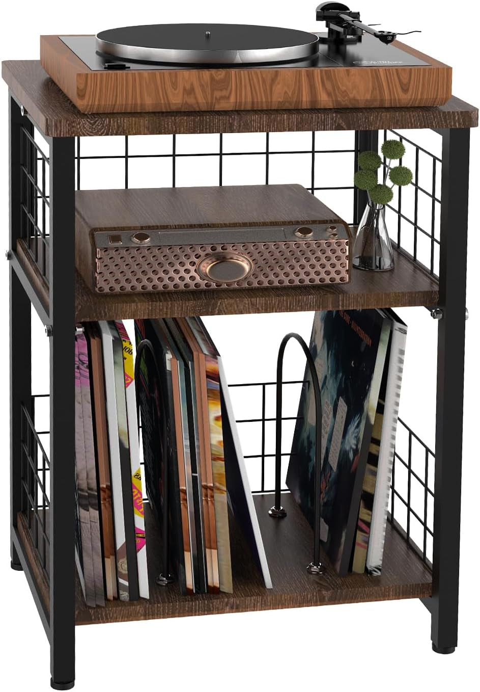 Record Player Stand, 3 Tier End Table with Double Layer Iron Wire Mesh Turntable Vinyl Record Stand Storage up to 100 Albums, Nightstand Small Side Tables for Living Room Bedroom, Black