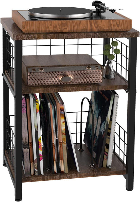 Record Player Stand, 3 Tier End Table with Double Layer Iron Wire Mesh Turntable Vinyl Record Stand Storage up to 100 Albums, Nightstand Small Side Tables for Living Room Bedroom, Black