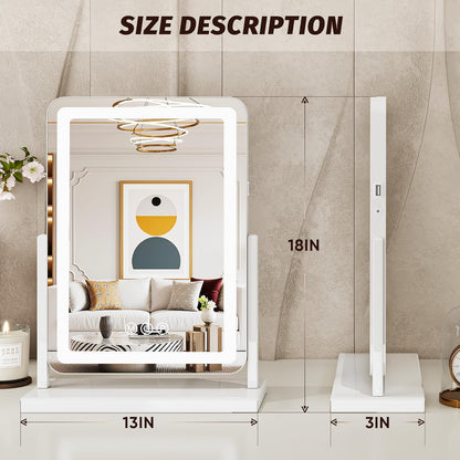 Vanity Mirror with Lights, 18"X13" Hollywood Lighted Makeup Mirror for Tabletop & Bedroom 3 Color Lighting Modes Smart Touch Control 360° Rotation Detachable
