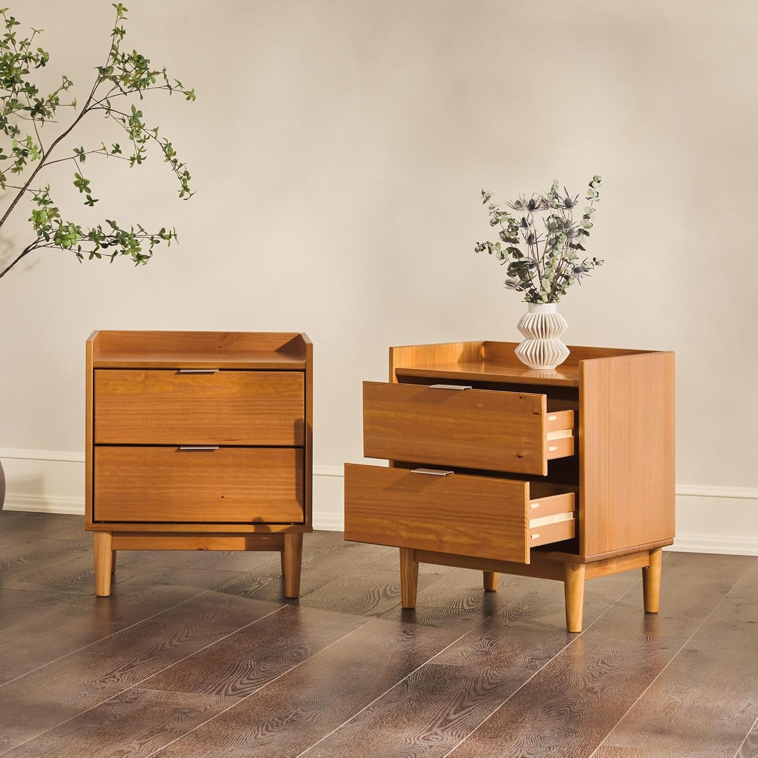 Mid-Century Modern 2-Drawer Solid Wood Nightstand, 20 Inch, Set of 2, Caramel
