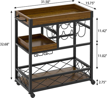 Bar Cart Industrial Kitchen Serving Carts for Home 3 Tier Storage Trolley with Wine Rack Glasses Holder Two Portable Trays Universal Casters with Brakes Rustic Rolling Cart Alcoholic Beverage