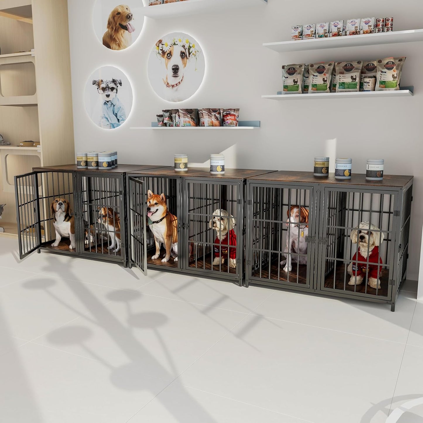 Heavy Duty Dog Crate Furniture: 105Inch Long Unlimited Connected TV Entertaiment Center Dog Houses with Removable Divider - Indoor Wood Topper Dog Cages with Two Side Door and Escape Proof Locks