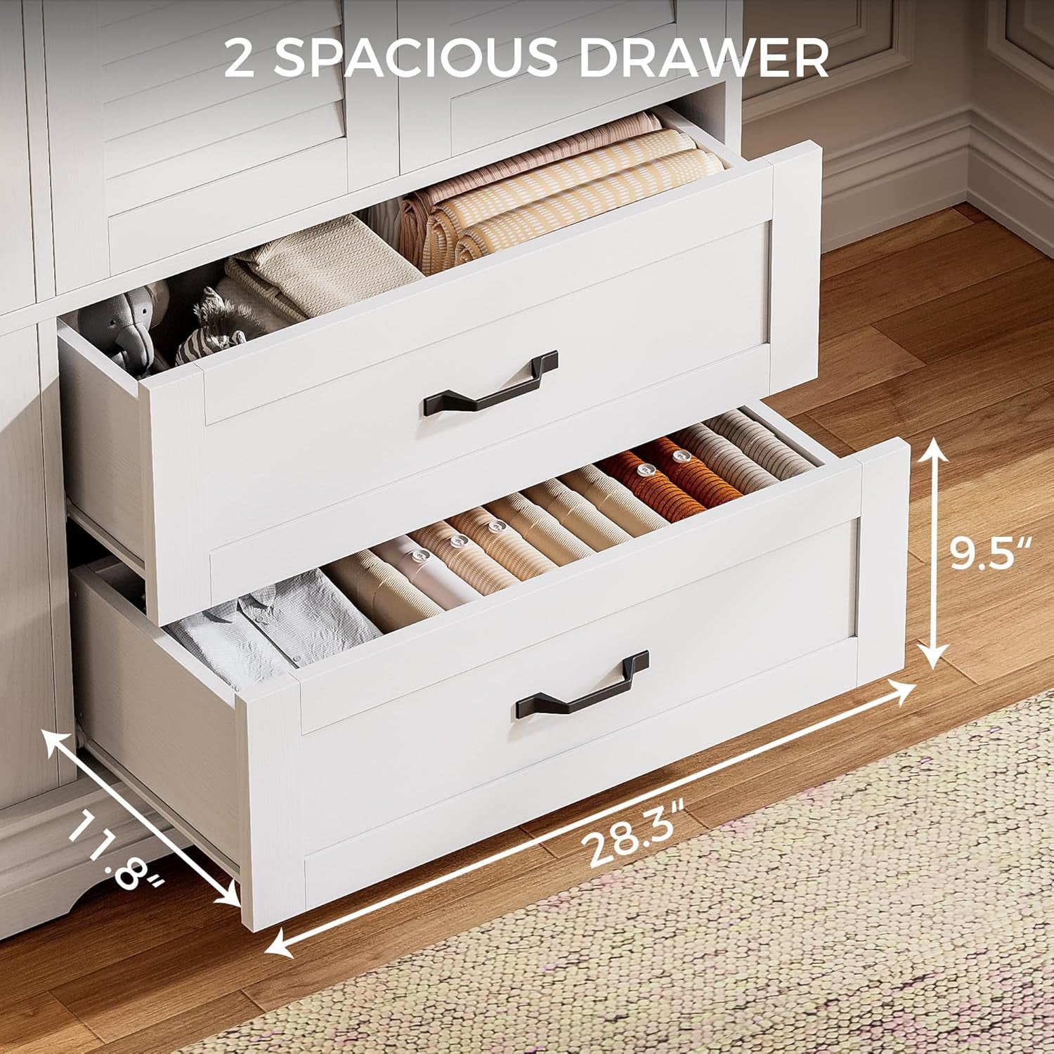 Armoire Wardrobe Closet, 70.87" H Wooden Bedroom Armoire with 2 Louvered Doors, 2 Drawers and Shelves, Large Freestanding Clothing Storage Cabinet, White