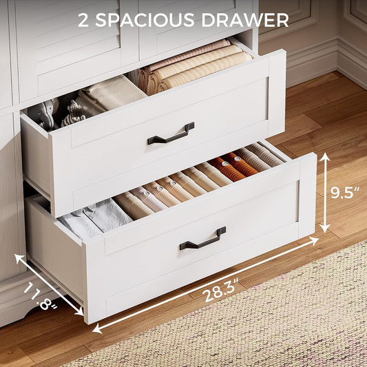 Armoire Wardrobe Closet, 70.87" H Wooden Bedroom Armoire with 2 Louvered Doors, 2 Drawers and Shelves, Large Freestanding Clothing Storage Cabinet, White