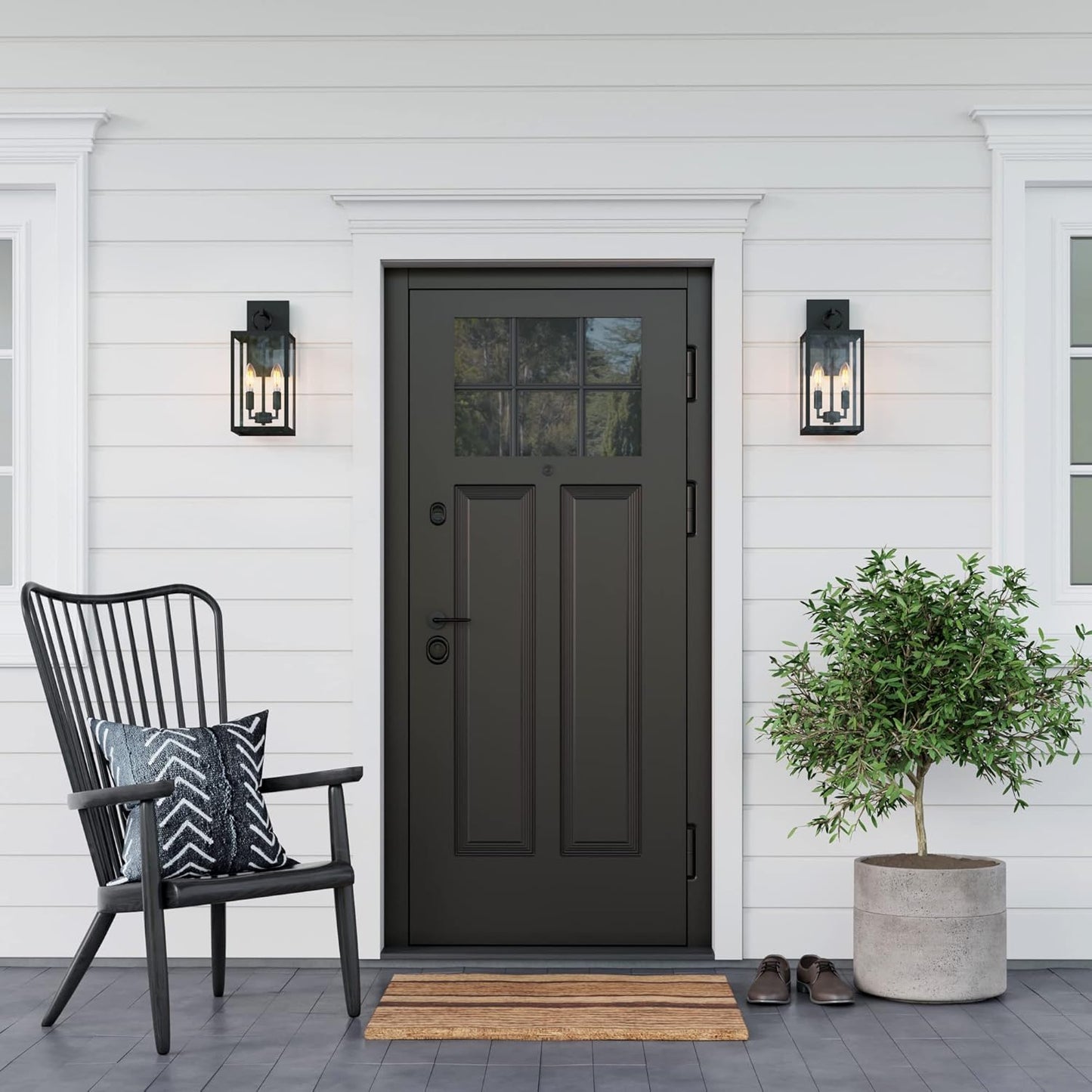 Ferris Outdoor Black Wall Sconce Light Fixture, Porch Lantern for Exterior with Iron Frame and Clear Glass Shade, Black/Clear, Set of 2