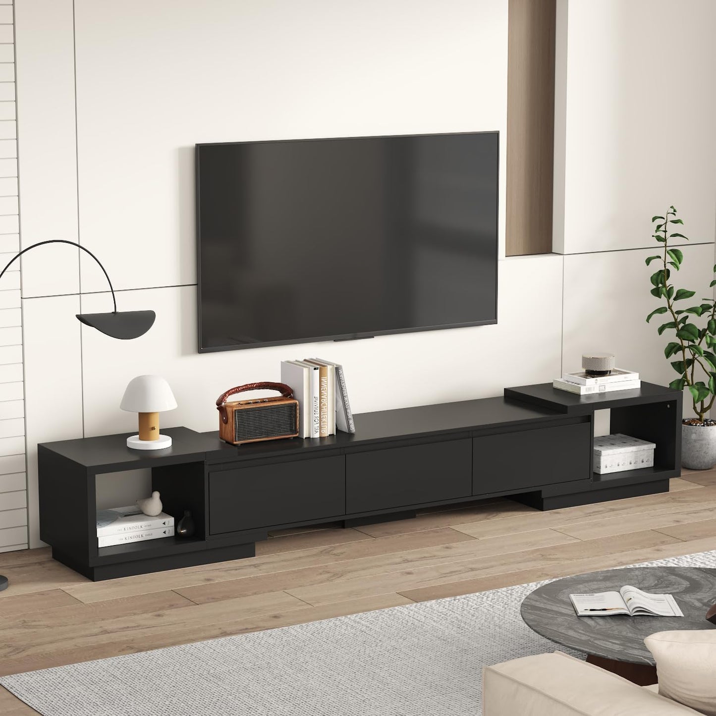 Deformable TV Console with 3 Drawers, Modern Extendable TV Stand in Stretch of 65"-106" Wide, Wood Media Gaming Entertainment Center, Black