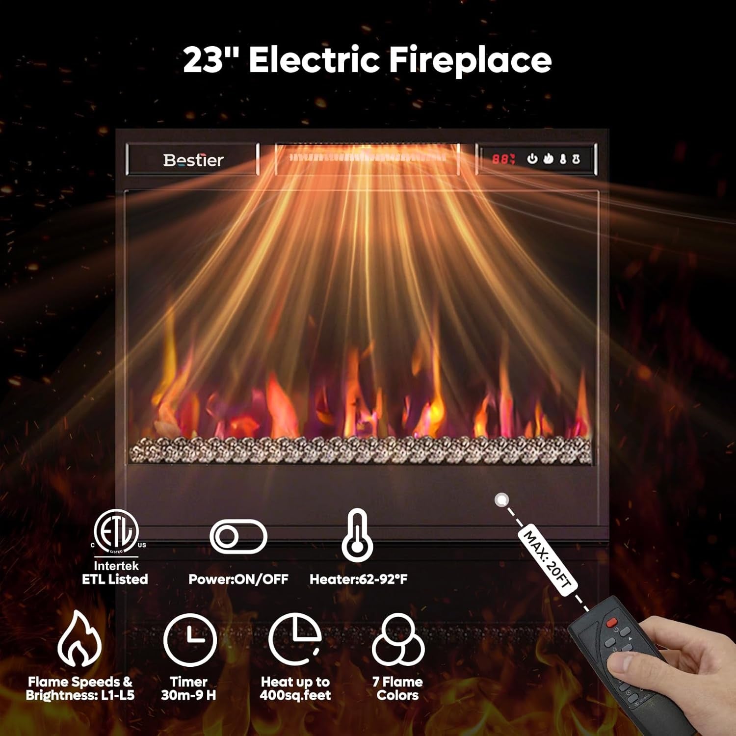 63" Modern Fireplace TV Stand for Tvs up to 70", Electric Entertainment Center with Adjustable LED Storage Cabinets, Textured Door, Farmhouse Media Console for Living Room, Black Marble