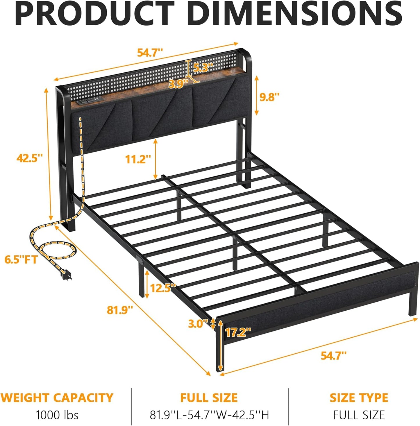 Full Bed Frame with LED Lights,Headboard with Charging Station and USB Port,Upholstered Platform Bedframe Metal Support,No Box Spring Needed