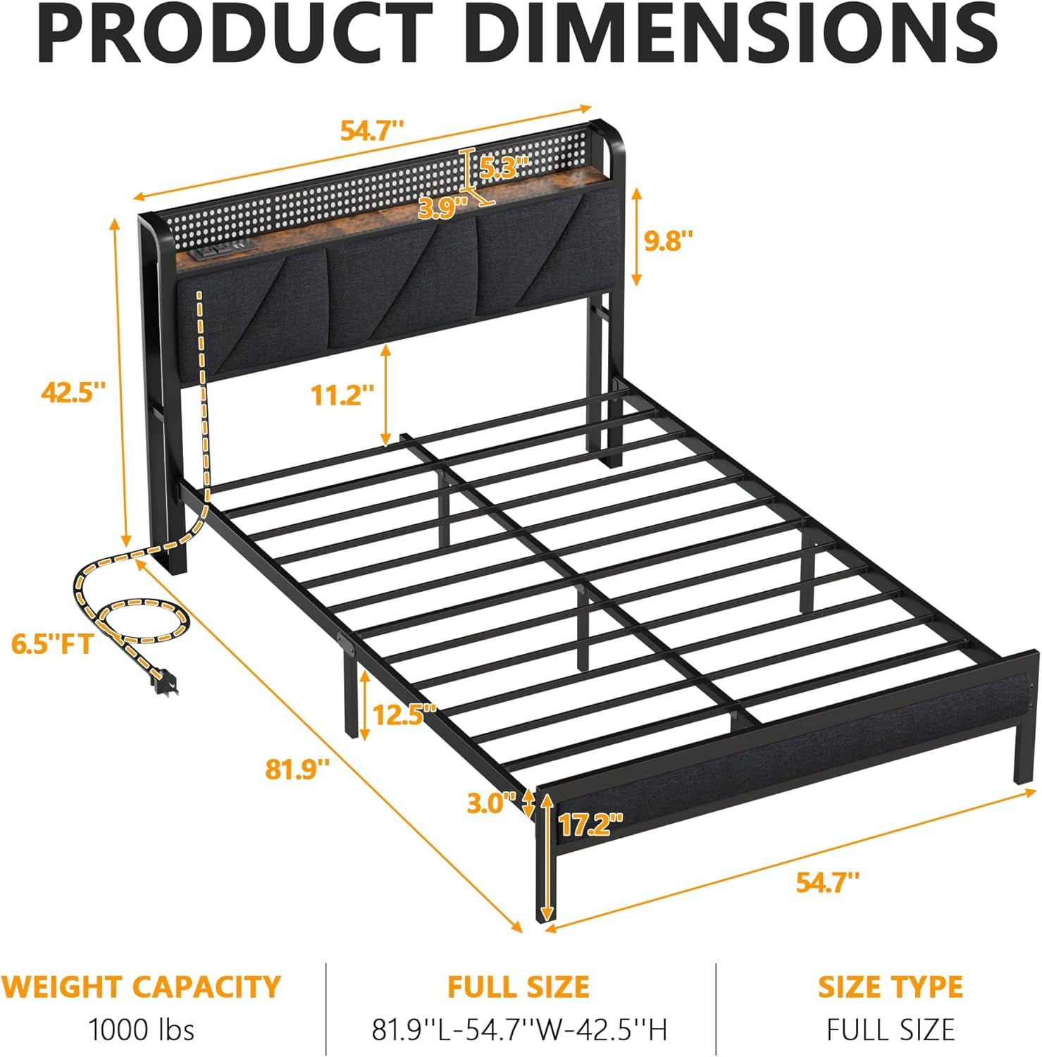 Full Bed Frame with LED Lights,Headboard with Charging Station and USB Port,Upholstered Platform Bedframe Metal Support,No Box Spring Needed