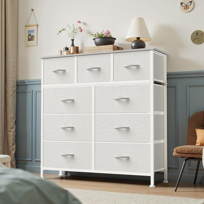9 Drawer Storage Dresser with Wood Top - Wide Fabric Chest Organizer for Bedroom, Closet, Living Room,Tower Cabinet, TV Stand, Hallway Entryway Furniture,Bright White