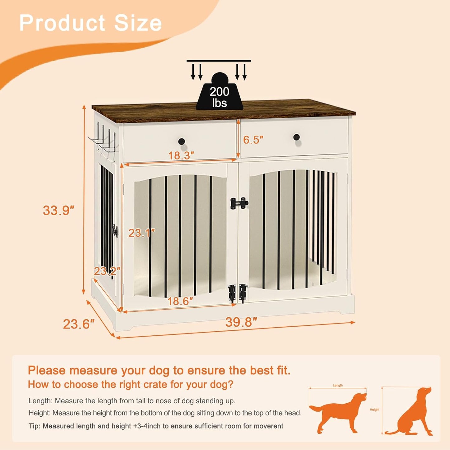 40 Inch Dog Crate Furniture-Farmhouse Dog Kennel with Drawers-End Table Wooden Pet Crate, Double Door Design, Decorative Dog House Indoor for Small Medium Large Dog, White