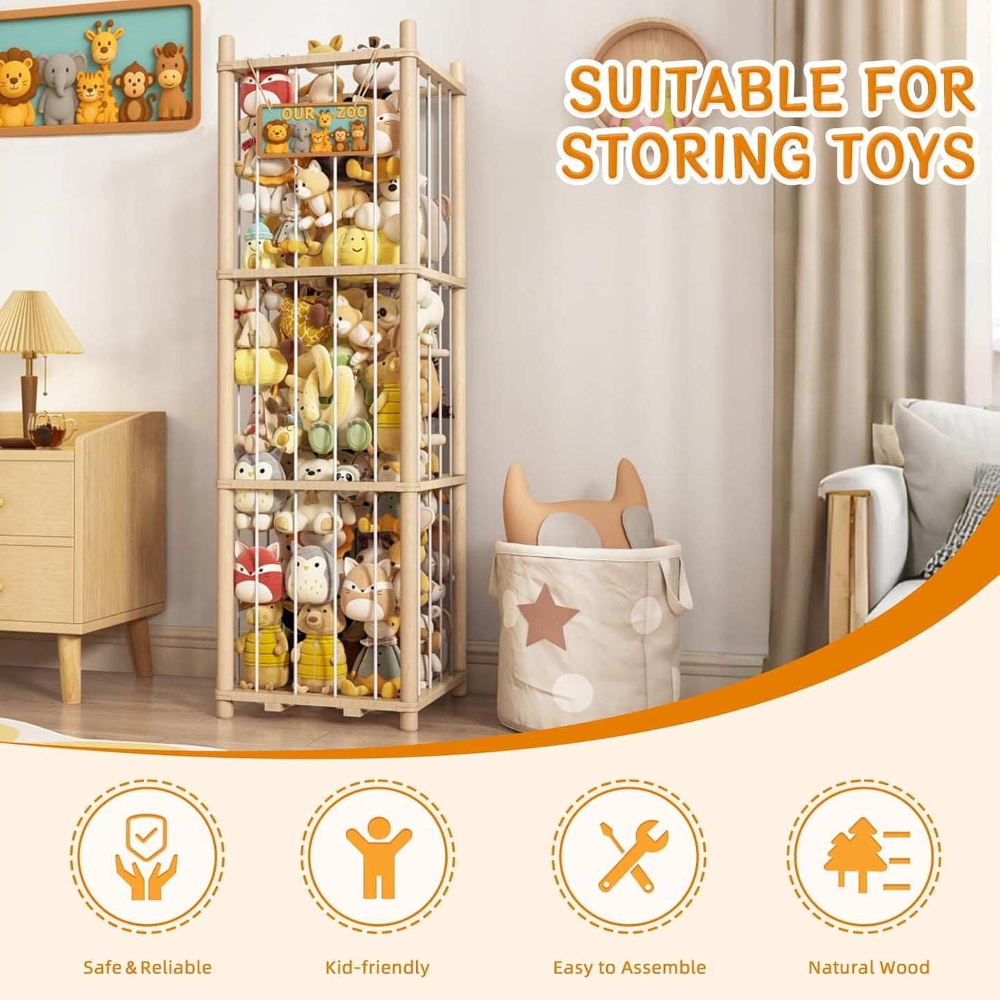 Wooden Stuffed Animals Storage Tower, Vertical Stuffy Animal Zoo Organizer with Nameplate, Large Stuffed Animal Cage for Kids Room, Stuffy Storage Holder for Nursery and Playroom Natural Wood