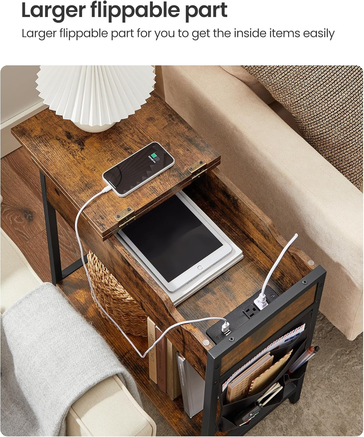 Side Tables with Storage, Set of 2 End Tables with USB Ports and Outlets, Nightstands with Charging Stations, Fabric Bags, for Living Room, Bedroom, Rustic Brown and Black ULET315B01V1