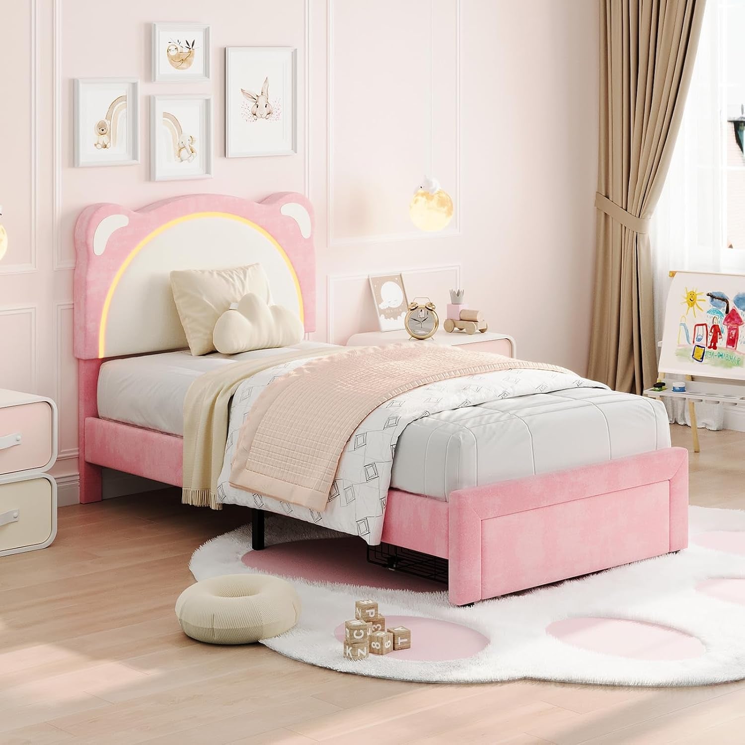 Twin Size LED Bed Frame with Storage Drawers,Adjustable Headboard with Cute Bear Design,Soft Velvet Fabric Bed Frame for Kids,Solid Wood Slat Support,Noise-Free,Easy Assembly,Pink