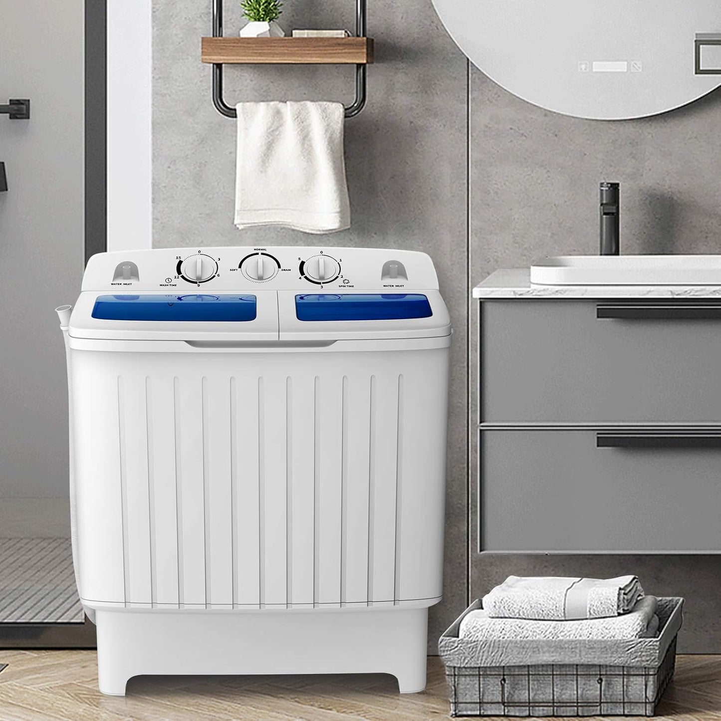Portable Washing Machine, Twin Tub 20 Lbs Capacity, Compact Laundry Washer(12 Lbs) and Spinner(8 Lbs), Durable Design, Timer Control, Perfect for RV, Apartments and Dorms, Blue+White