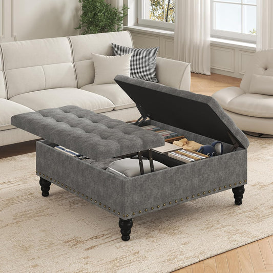 Large Ottomans with Storage Grey, Multi-Function Storage Bench & Coffee Table with Chenille Upholstery, Foot Rest