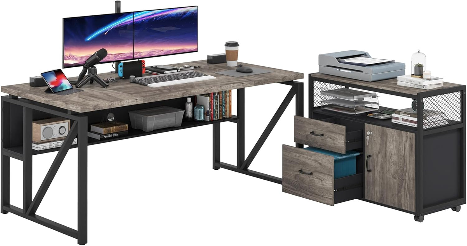 L Shaped Desk with Drawer Cabinet, 63" Executive Computer Desk and Lateral File Cabinet, 2 Piece Home Office Furniture with Drawers for Hanging File, Doors with Locks (Gray, 63 Inches)