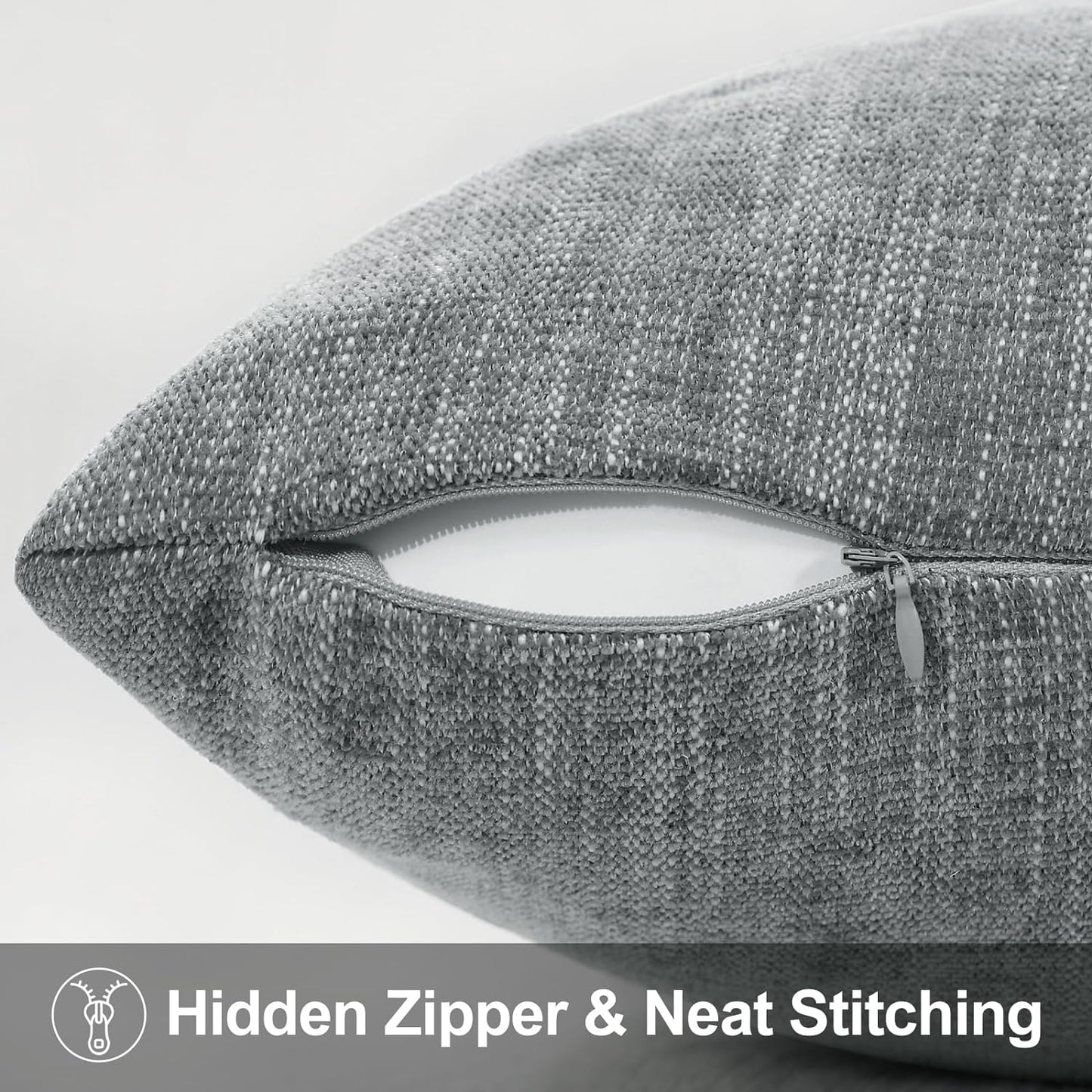 Christmas Chenille Decorative Throw Pillow Covers 18X18 Set of 2, Farmhouse Textured Square Neutral Solid Accent Pillow Covers for Couch Sofa Bed Living Room Home Decor, Grey