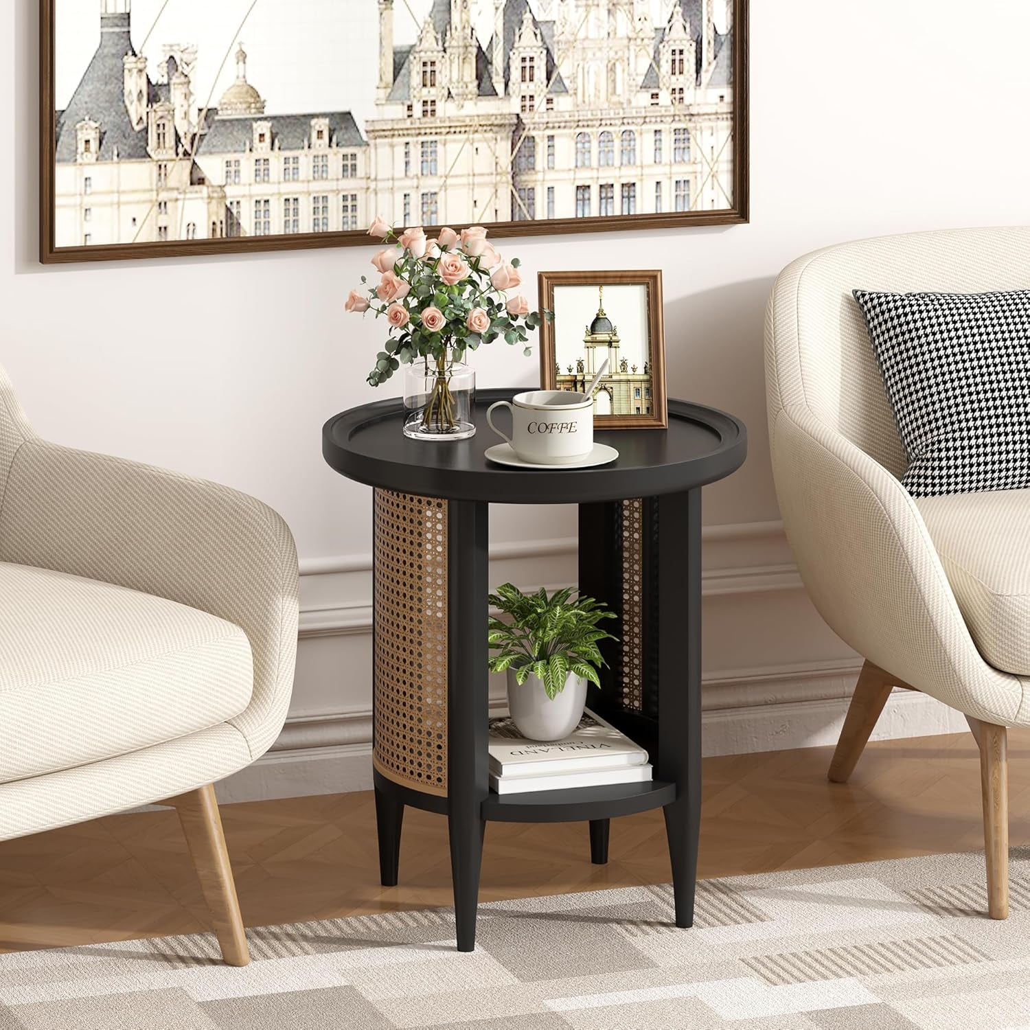round End Table Rattan Style Side Table with Solid Wood Legs, Boho Style Nightstand Bedside Table with 2-Tier Shelves, Small Coffee Table for Living Room Bedroom Small Spaces Black