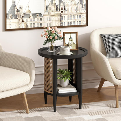 round End Table Rattan Style Side Table with Solid Wood Legs, Boho Style Nightstand Bedside Table with 2-Tier Shelves, Small Coffee Table for Living Room Bedroom Small Spaces Black