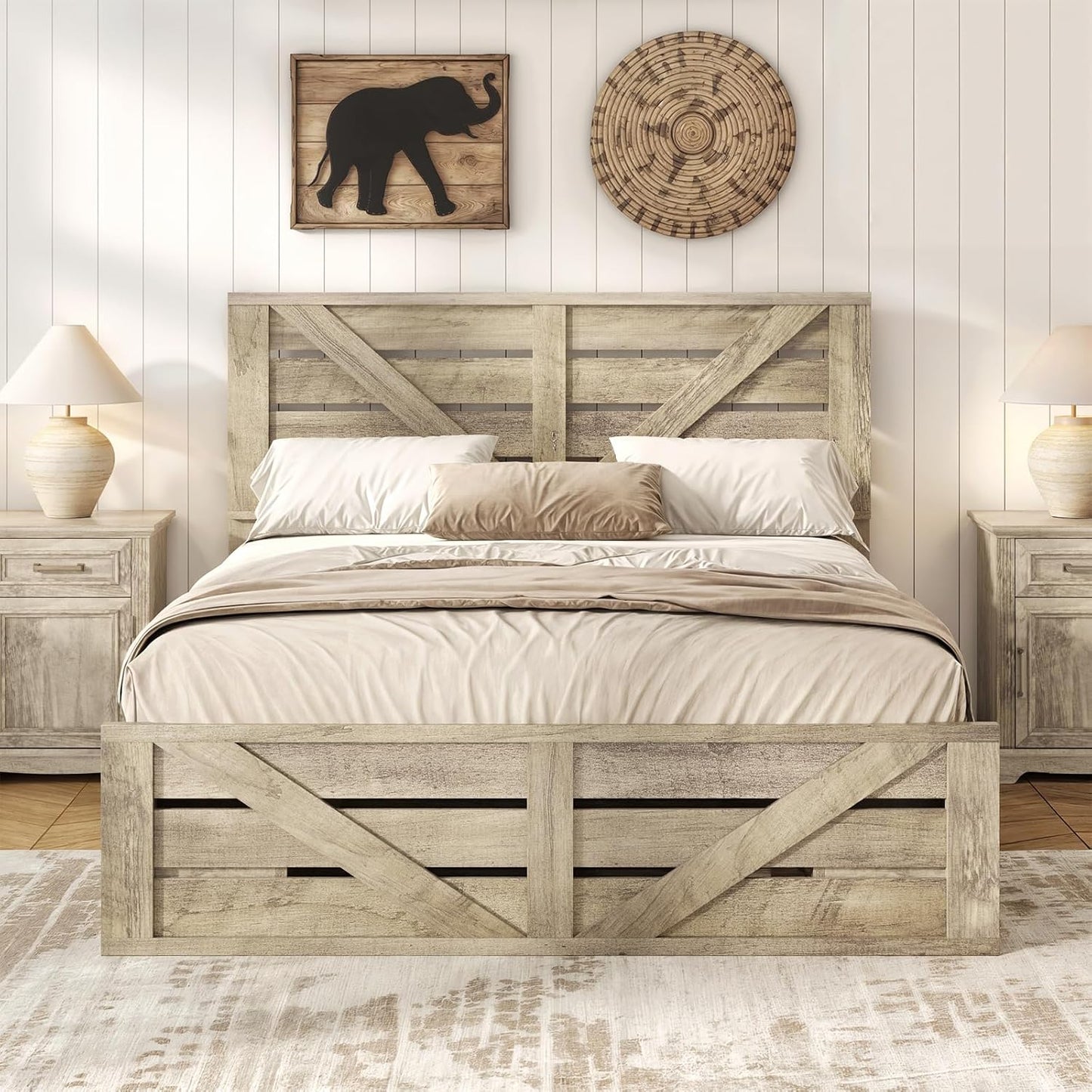 Farmhouse Full Size Wood Bed Frame with Sliding Barn Door Storage Cabinets, Rustic Platform Bed Frame with Adjustable Headboard, Sturdy Wood & Metal Frame, No Box Spring Needed, Noisy-Free