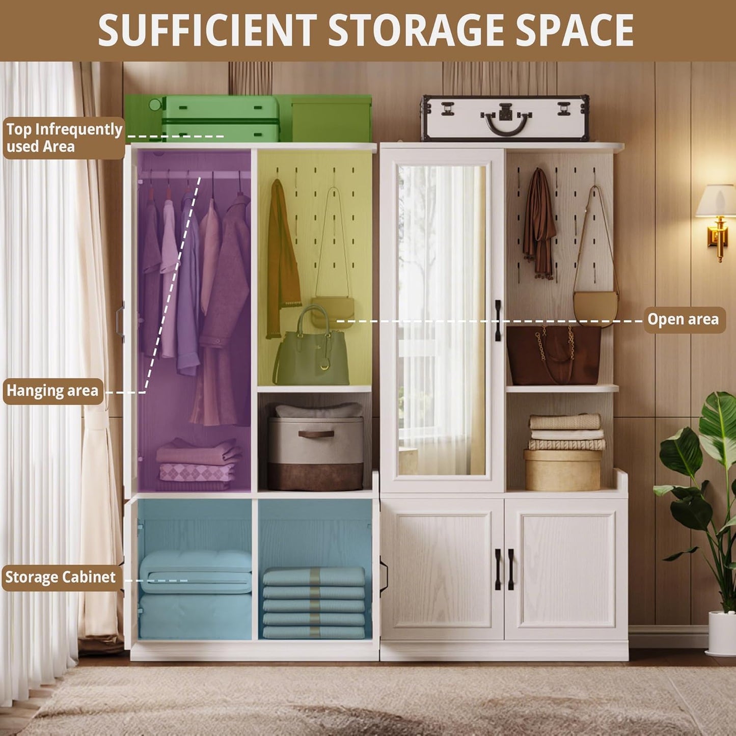 Armoire Wardrobe Closet, 70" H Wooden Bedroom Armoire with Mirror, 2 Cabinet, Pegboard and a Open Shelf, Large Freestanding Clothing Storage Cabinet with 3 Doors, White