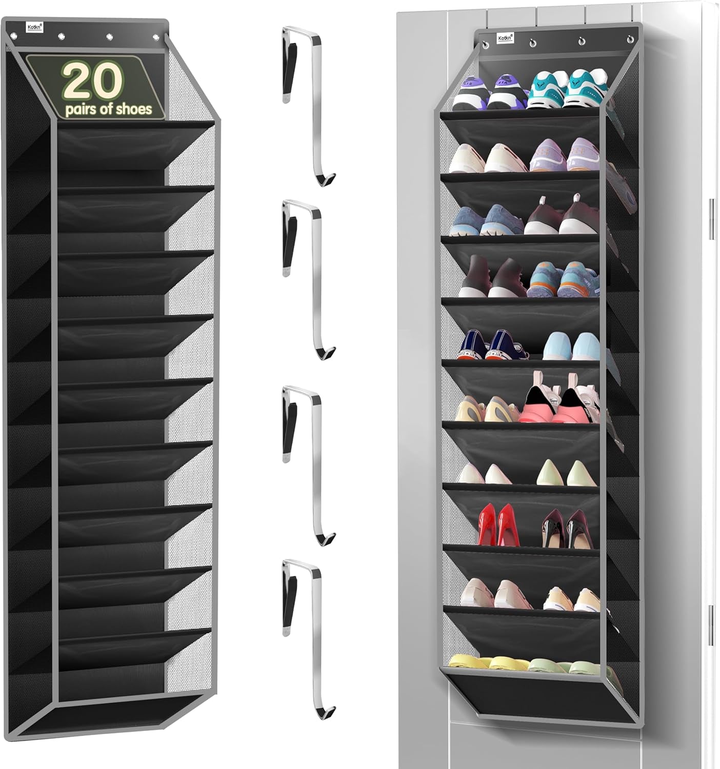 10 Tier over the Door Organizer - Heavy Duty Hanging Storage Rack with Sturdy Oxford Fabric, Holds 20+ Pairs of Footwear, Boots & Sneakers, Saves 50% Closet Space (Black)