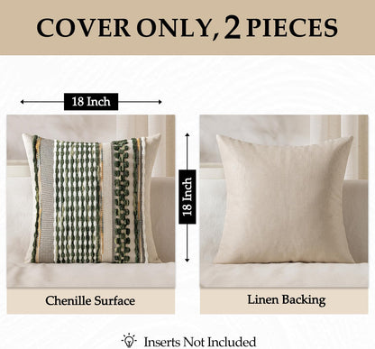 Pack of 2 Boho Decorative Throw Pillow Covers 18X18 Farmhouse Cushion Case Striped Chenille Pillow Cases Square Pillow Covers Accent Neutral Pillowcase for Sofa Couch Bed, Olive Green Stripe