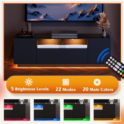 Modern TV Stand for 65 Inch TV, Entertainment Center with LED Lights & Large Storage Cabinets, Sturdy Media Console for Living Room, Bedroom, Gaming(Black)