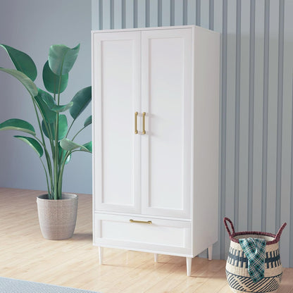 Bedroom Armoire Wardrobe Closet with Hanging Rod,60" 2 Door Almirah for Clothes with Drawers,Morden Storage Cabinet,White