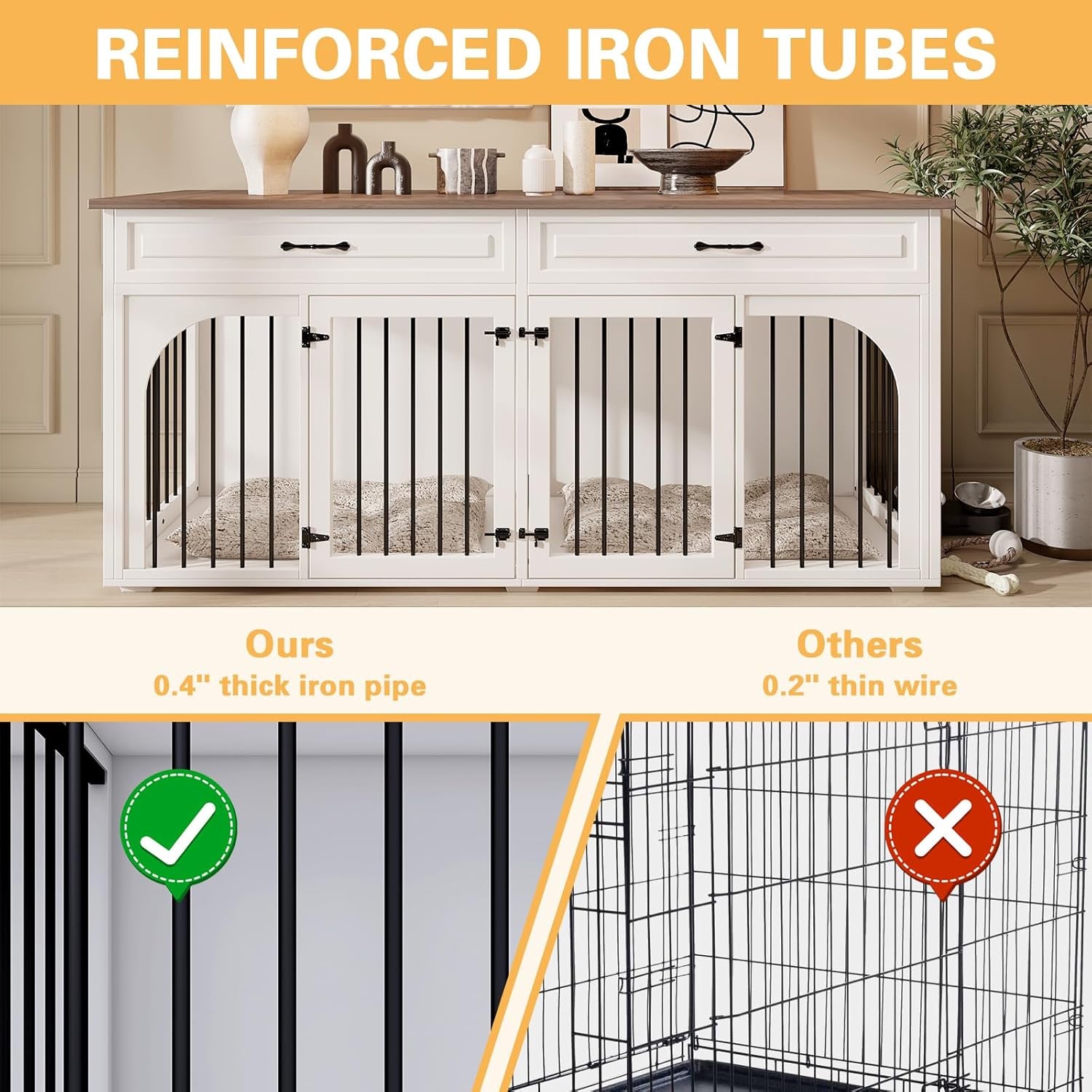 Dog Crate Furniture, 74.8''Wooden Dog Kennel with 2 Drawers and Removable Divider, Dog Kennel Indoor Furniture with Double Rooms, Heavy Duty Dog Crate Table Indoor TV Stand for Large Medium Dogs