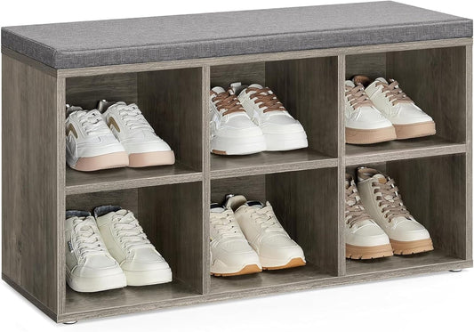 Shoe Bench with Cushion, Shoe Storage Bench with 6 Compartments and 3 Adjustable Shelves, Entryway Bench with Padded Seat, for Bedroom, Closet, Living Room, Greige ULHS023K02