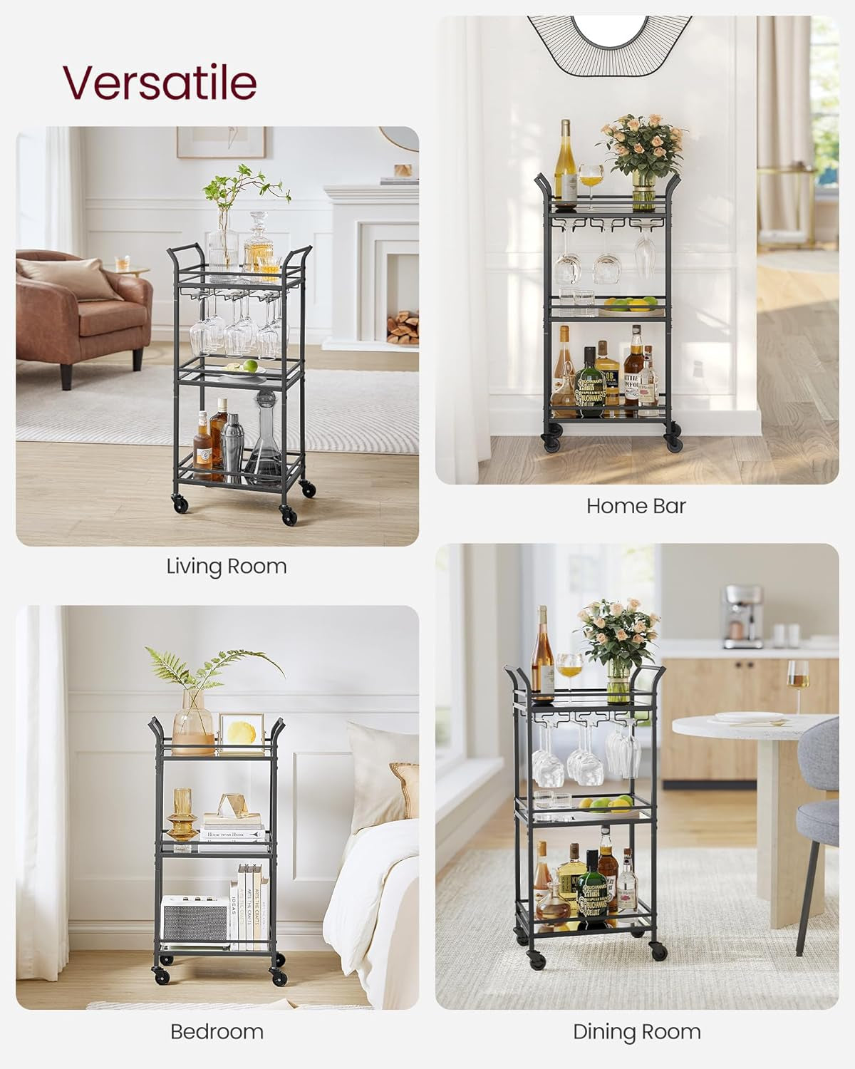 Bar Cart, Home Bar Serving Cart, Small Bar Serving Cart with 3-Tier Shelf, Wine Holders, Glass Holders, Mini Bar Cart for Small Spaces, Kitchen, Dining Room, Living Room, Ink Black
