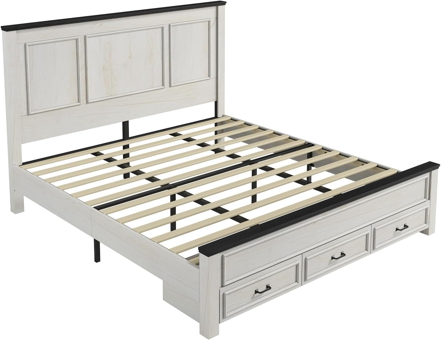 King Size Bed Frame with 52.2" Tall -Panel Headboard & Footboard, Farmhouse Wood Platform Bed Frame with 3 Large Storage Drawers, Noiseless, No Box Spring Needed, Rustic White