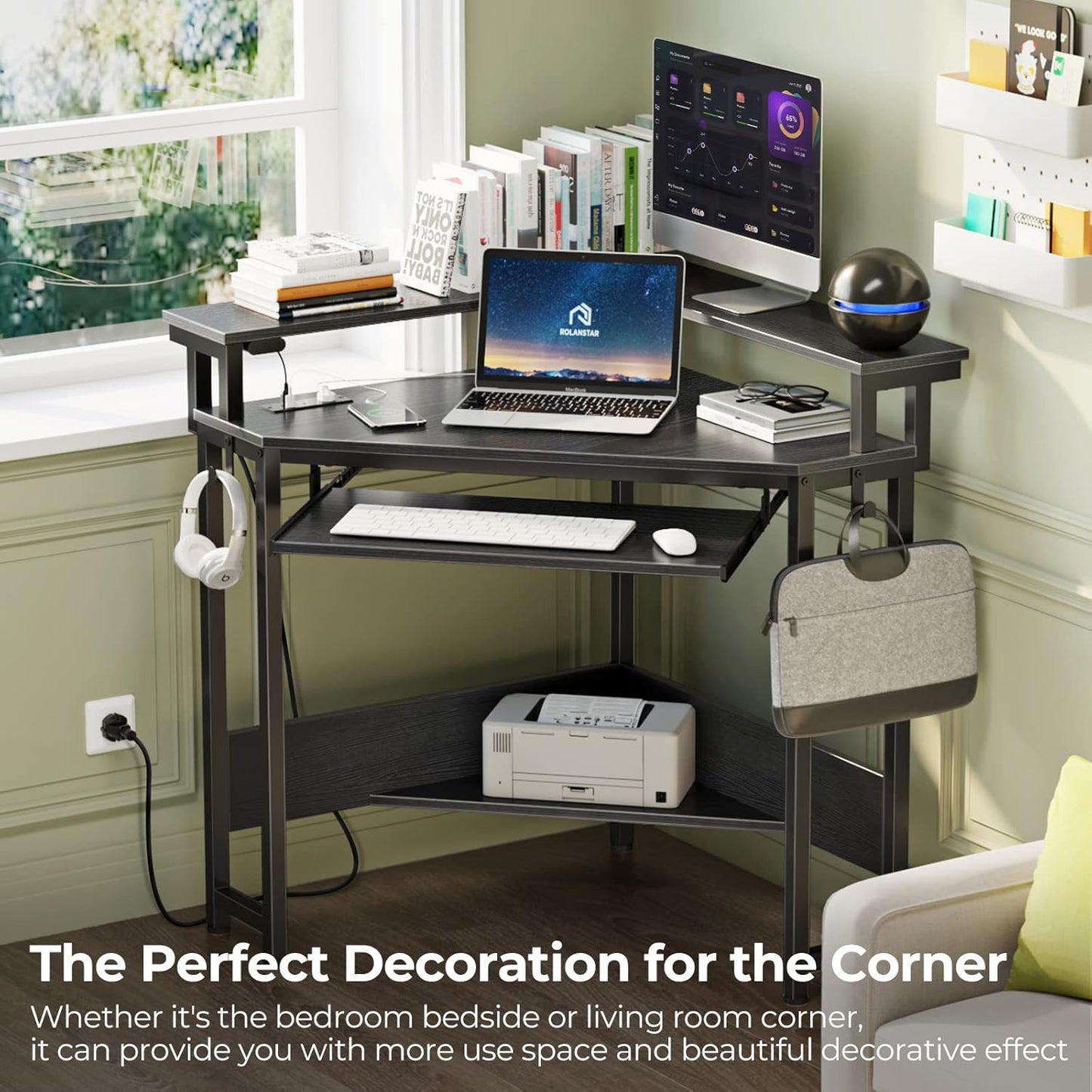 Corner Desk,44.5" W X 34.5" H Small Computer Desk with Power Outlets, Gaming Desk with LED Lights, Triangle Corner Table with Keyboard Tray & Monitor Stand for Small Space, Black