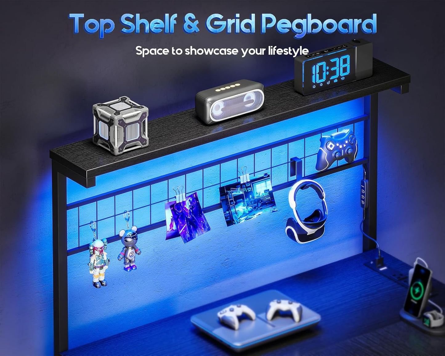 L Shaped Gaming Desk with Shelf & 4 Drawers, 43" Reversible Computer Desk with LED Light, Home Office Table with Hutch and Hook, Black