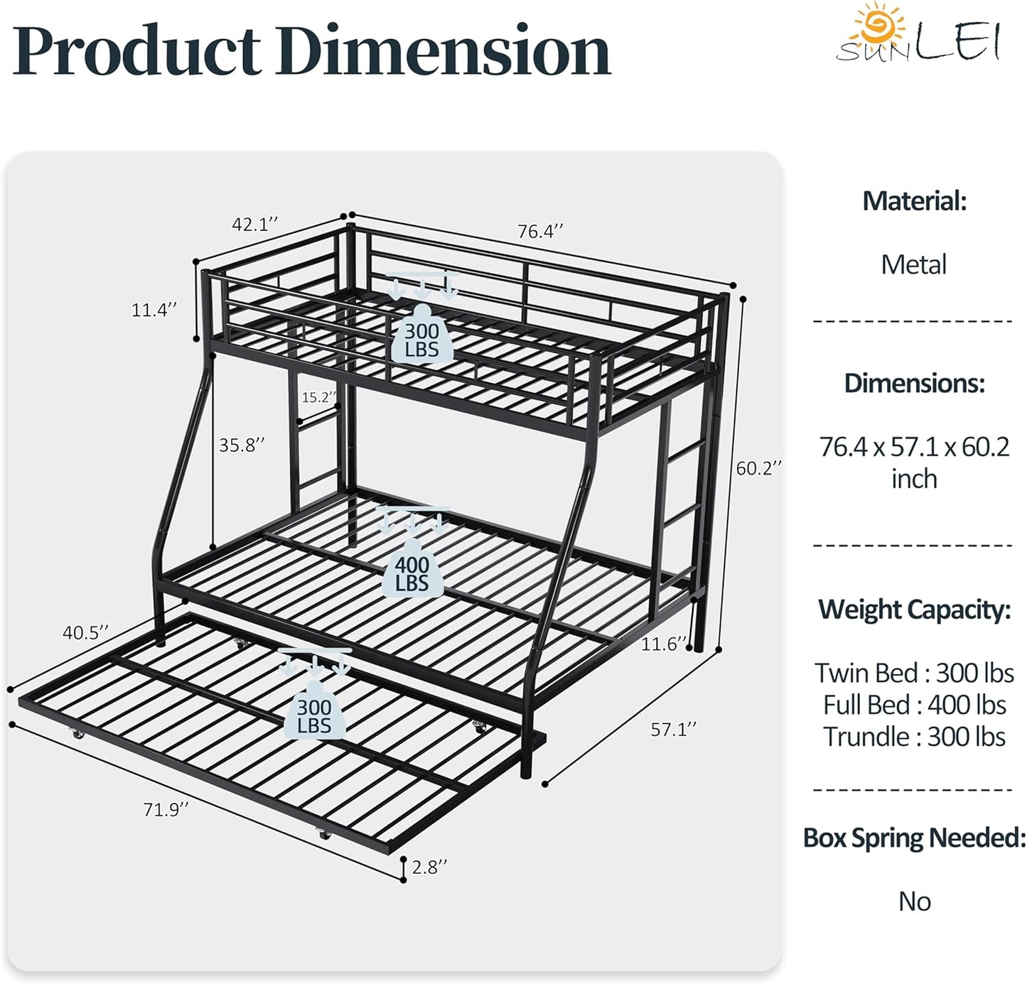 Bunk Bed Twin over Full with Trundle, Twin Trundle Bed with Daybed, Metal Bunk Bed with 2 Secured Ladders, Safety Guard, Noise Free for Small Bedroom, Black (With Trundles, Twin over Full)