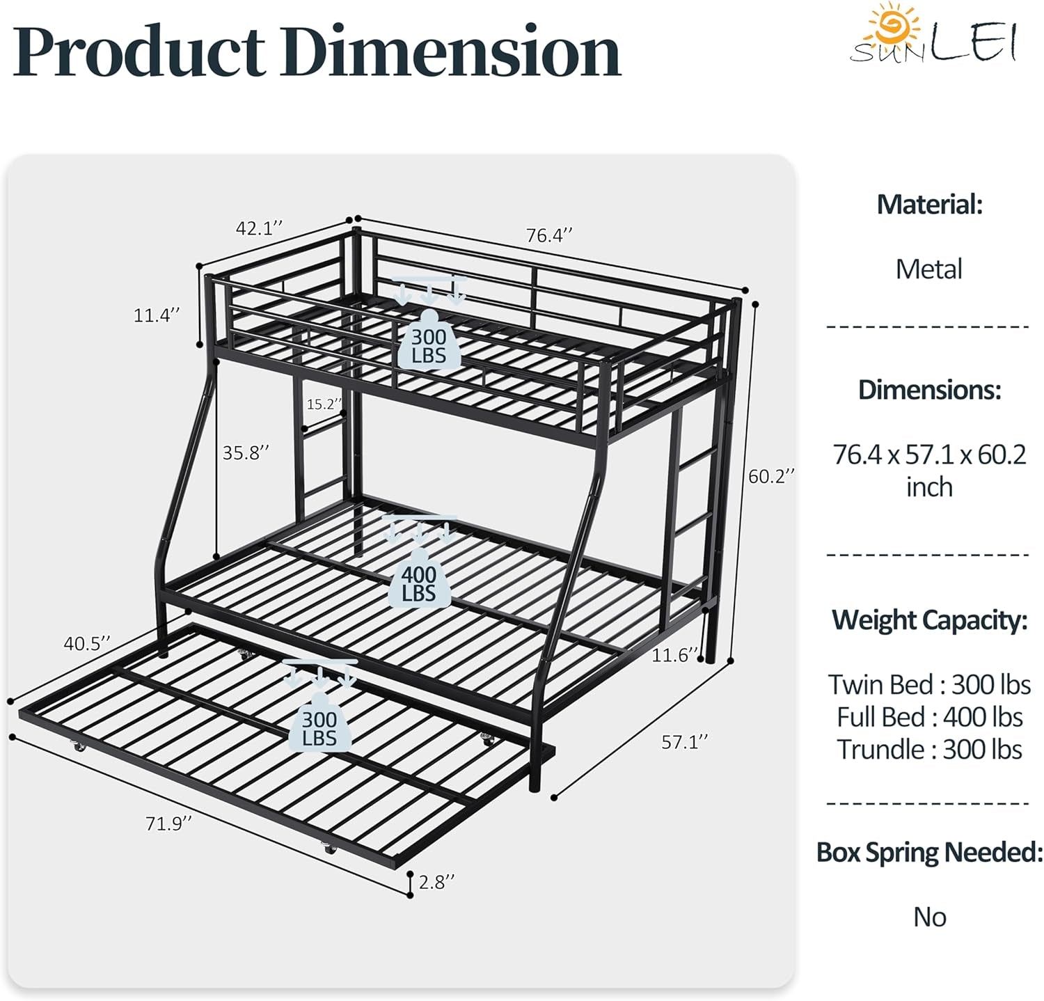 Bunk Bed Twin over Full with Trundle, Twin Trundle Bed with Daybed, Metal Bunk Bed with 2 Secured Ladders, Safety Guard, Noise Free for Small Bedroom, Black (With Trundles, Twin over Full)