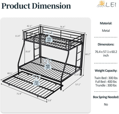 Bunk Bed Twin over Full with Trundle, Twin Trundle Bed with Daybed, Metal Bunk Bed with 2 Secured Ladders, Safety Guard, Noise Free for Small Bedroom, Black (With Trundles, Twin over Full)