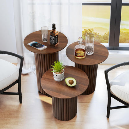 Round Nesting Coffee Table Set of 3,Mid Century Modern Fluted Coffee and End Table Set,Small Circle Wooden Side Table Drink Table for Living Room (Walnut)