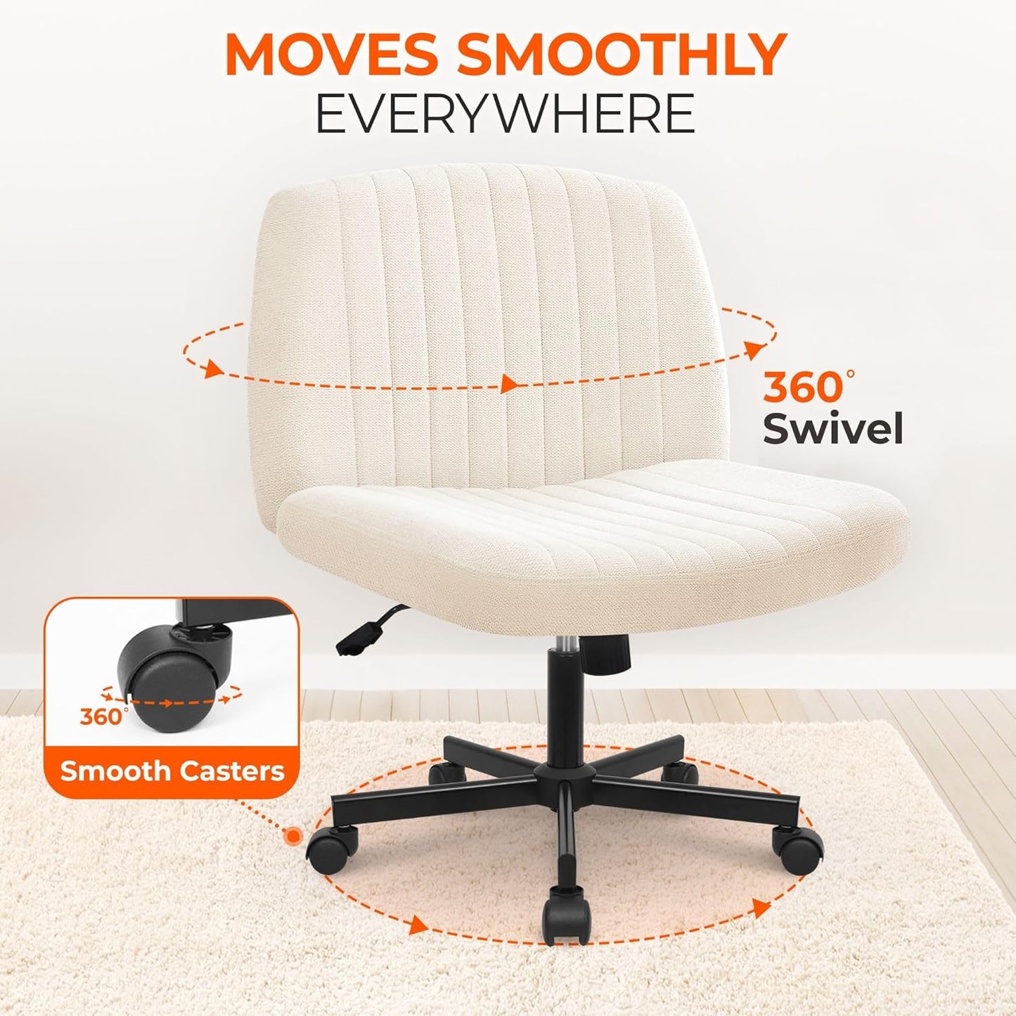 Criss Cross Chair Wheels Wide Cross Legged Office Desk Vanity Chair Comfy Fabric Armless Adjustable Swivel for Home Computer Task (Beige)